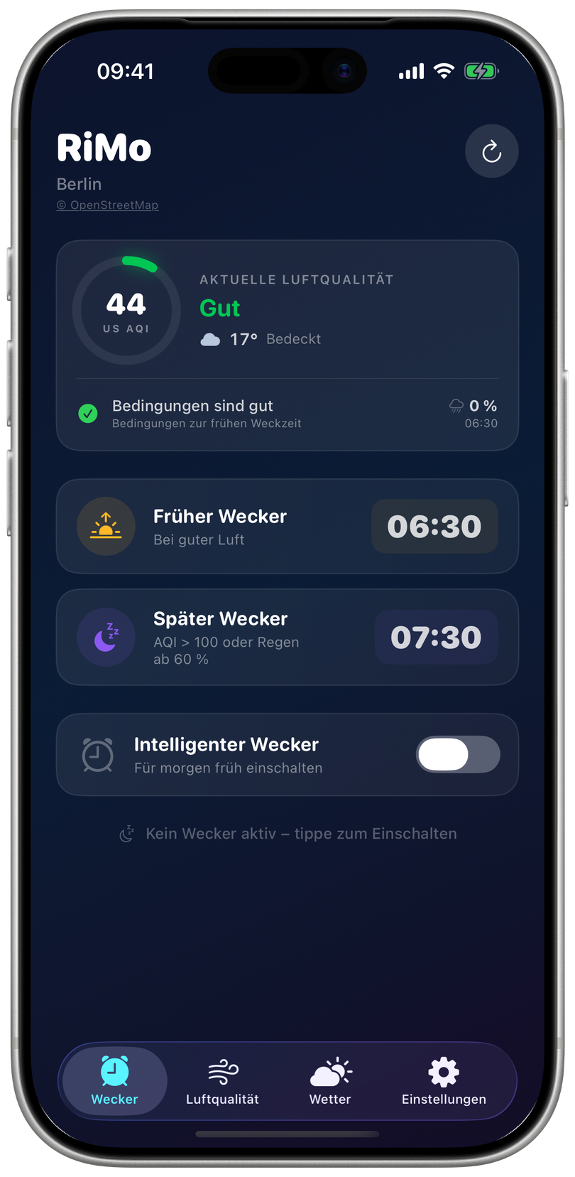 RiMo: air quality and weather for Berlin, plus early and late alarm times in the actual app. App shown in English.
