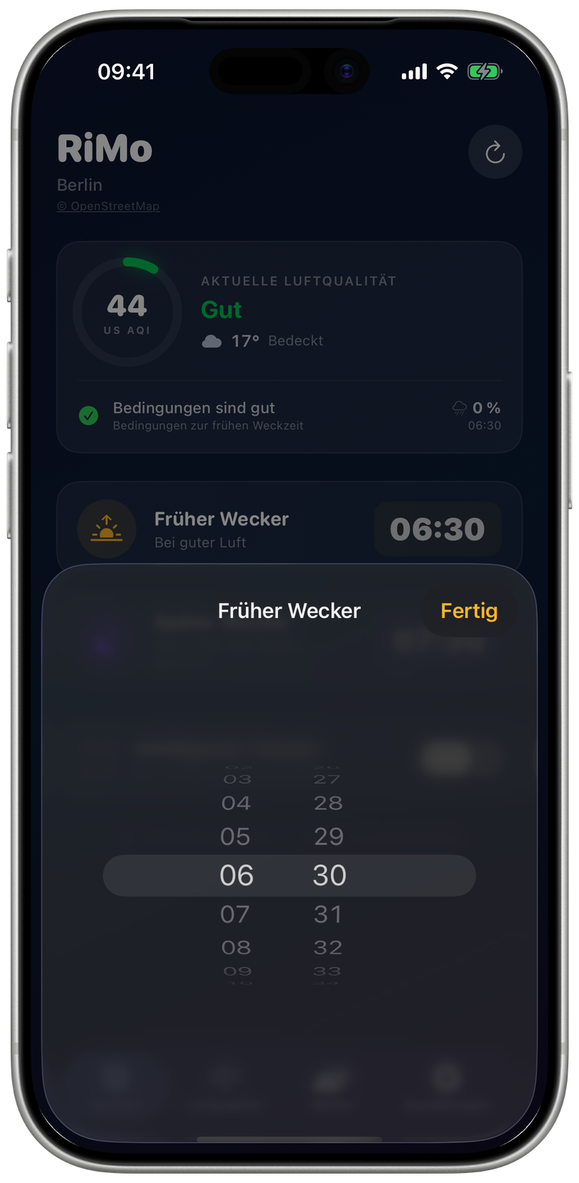 The “Early alarm” time picker open in RiMo. App shown in English.