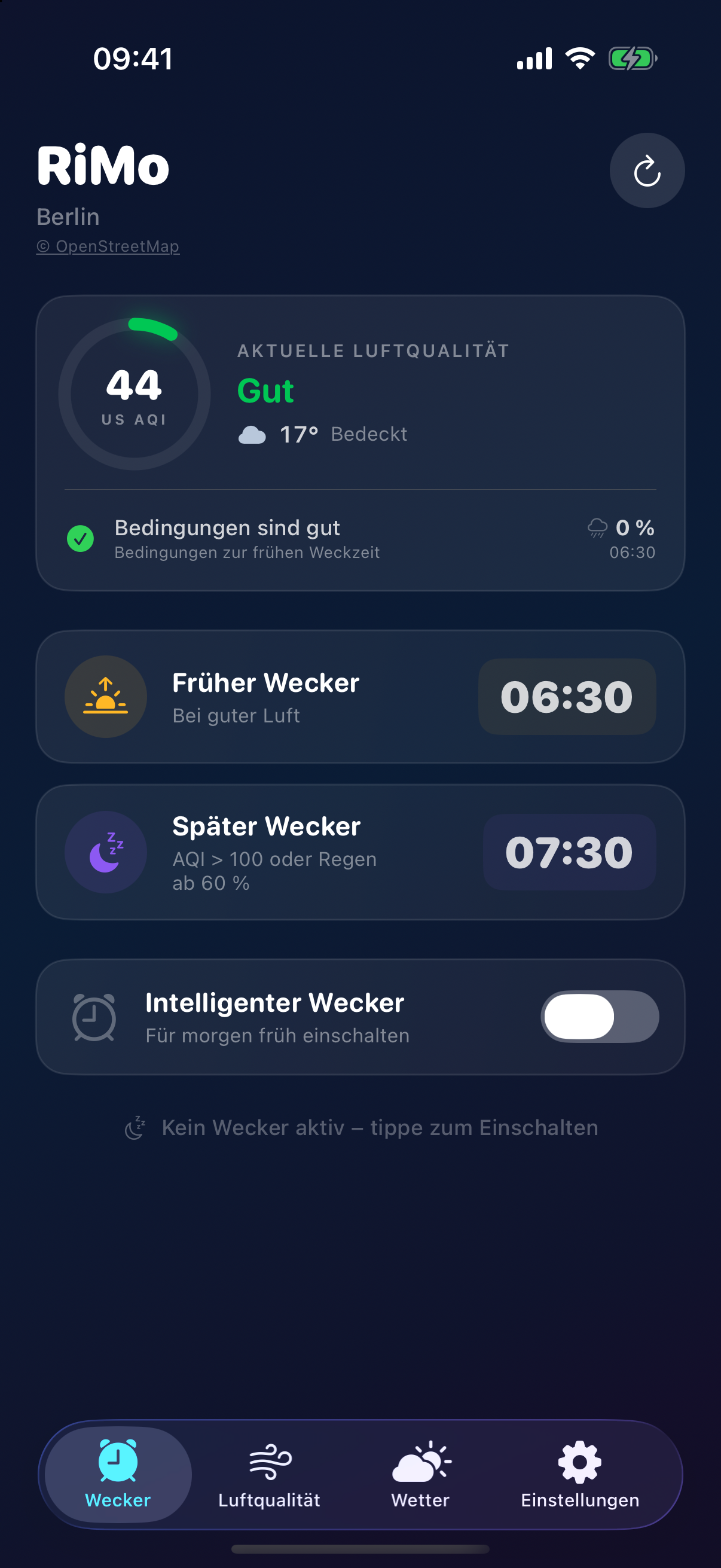 RiMo’s home screen for Berlin with air quality, weather and two alarm times. App shown in English.